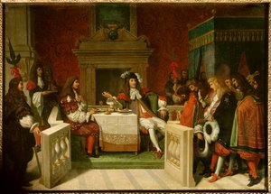 XIV. Lajos és Moliere: XIV. Lajos király (1638-1715) és Jean Baptiste Poquelin dit Moliere (1622-1673) asztalnál az udvaroncok előtt. Jean Auguste Dominique Ingres (1780-1867) festménye alkotó: Jean Auguste Dominique Ingres