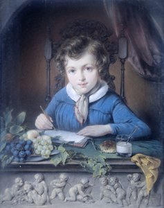 Egy fiú portréja, aki egy ablakfülkében ül, és kék kabátot visel alkotó: Jean Augustin Daiwaille (attributed to)