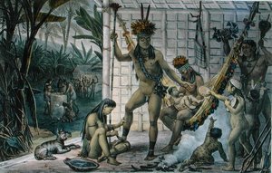 Fesztiválra készülő camacan indián főnök családja, illusztráció a „Voyage Pittoresque et Historique au Bresil” című könyvéből, Jean-Baptise Debret (1768-1848), kiadva Párizsban