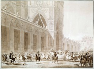 I. Napóleon császár (1769-1821) és Josephine de Beauharnais impresszum (1763-1814) megérkezése a párizsi Cathedrale Notre Dame-ba a Szentnyomat napján Jean Baptiste Isabey „A szentek könyve” után. 1767-1855) 19. század