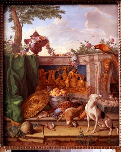 XVI. Lajos (1754-1793) vadászatait ábrázoló emléktábla: egy kutyatartó vadat ábrázoló részlet. Philippe Castel (kb. 1746-1797) porcelánfestménye Jean Baptiste Oudry (1686-1755) 1778-1781 V. 0,39x0,49 m Versailles, musee du chateau.
