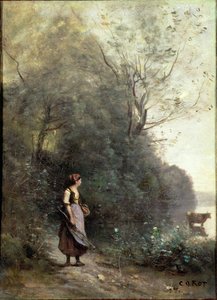 Egy tehenet legeltető parasztasszony az erdő szélén, 1865-70 alkotó: Jean Baptiste Camille Corot
