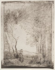 Egy fiatal anya egy erdő bejáratánál alkotó: Jean Baptiste Camille Corot