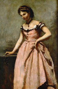 Lány rózsaszín ruhában rózsákkal és gyöngyökkel ... alkotó: Jean-Baptiste-Camille Corot