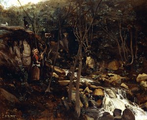 Lormes - Torrent egy álló paraszttal, fonó gyapjú, 1842 alkotó: Jean-Baptiste-Camille Corot