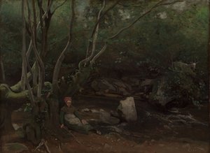 Lormes: Kecskelány ül a patak mellett az erdőben alkotó: Jean Baptiste Camille Corot
