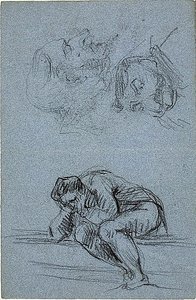 Ülő alak, fejjel a kezében és két karikatúra (recto); négy figura egy lunettában (verso). alkotó: Jean-Baptiste Carpeaux