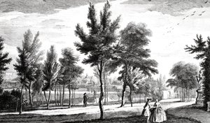Kilátás az Elysian Fieldsre a Helikoni forrásból, a Stowe House Gardensből, George Bickham metszete, 1753
