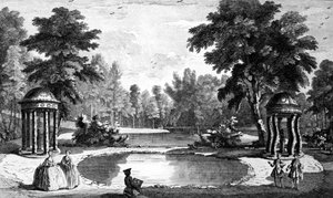 Kilátás a barlangra és két kagylótemplomra, a Stowe House Gardensre, George Bickham metszetével, 1753