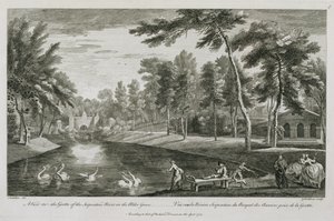 Kilátás a Serpentine folyó barlangjára a stowei Alder Grove-ban, 1753, George Bickham metszetével