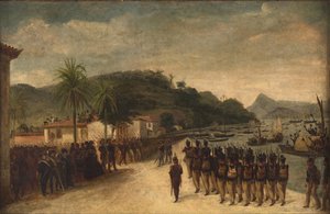 A Montivideu blokádjára szánt csapatok beszállása Praia Grandénál. alkotó: Jean Baptiste Debret