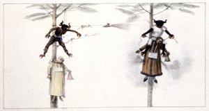 Brazília: 1839. nagyszombaton elégetett baba Júdás és Ördög képmása mellett (metszet) alkotó: Jean Baptiste Debret