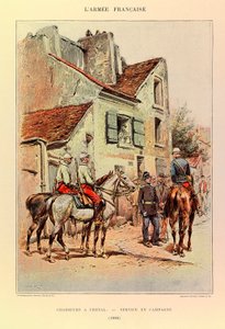 Jules Richard kapitány francia hadseregének típusai és egyenruhái, illusztrálta Edouard Detaille (1848-1912): Vadászok lóháton; terepszemle 1886-ban, magángyűjtemény. alkotó: Jean Baptiste Edouard Detaille