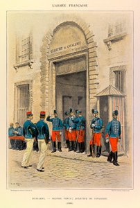Jules Richard százados francia hadseregének típusai és egyenruhái, illusztrálta: Edouard Detaille (1848-1912): Huszárok nagy ruhában; Lovaskerület 1886-ban, Magángyűjtemény alkotó: Jean Baptiste Edouard Detaille
