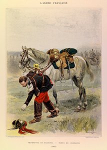 Jules Richard kapitány francia hadseregének típusai és egyenruhái, illusztrálta: Edouard Detaille (1848-1912): Sárkányok trombitája vidéki ruhában 1885-ben, Magángyűjtemény alkotó: Jean-Baptiste Edouard Detaille