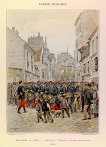 Jules Richard kapitány francia hadseregének típusai és egyenruhái, illusztrálta: Edouard Detaille (1848-1912): Sor gyalogság: Érkezés a színpadra az 1885-ös nagy manőverek során, Magángyűjtemény alkotó: Jean Baptiste Edouard Detaille