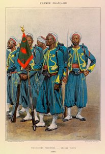Jules Richard kapitány francia hadseregének típusai és egyenruhái, illusztrálta: Edouard Detaille (1848-1912): Native Tirailleurs in Great Outfit in 1886, Private Collection alkotó: Jean-Baptiste Edouard Detaille