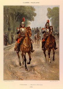 Jules Richard százados francia hadseregének típusai és egyenruhái, illusztrálta: Edouard Detaille (1848-1912): Cuirassiers: Kísérőszakasz 1885-ben, Magángyűjtemény alkotó: Jean-Baptiste Edouard Detaille