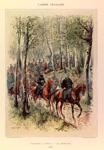 Jules Richard kapitány francia hadseregének típusai és egyenruhái, illusztrálta: Edouard Detaille (1848-1912): Vadászok egy ló manőverben 1885-ben, Magángyűjtemény alkotó: Jean Baptiste Edouard Detaille