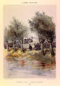 Jules Richard kapitány francia hadseregének típusai és egyenruhái, illusztrálta Edouard Detaille (1848-1912): Vadászok gyalog; a nagy manőverek 1885-ben, Magángyűjtemény alkotó: Jean Baptiste Edouard Detaille