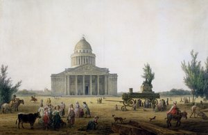 A párizsi Pantheon látképe Jean-Jacques Rousseau (1712-78) szobrát szállító kocsival, 1792 körül.