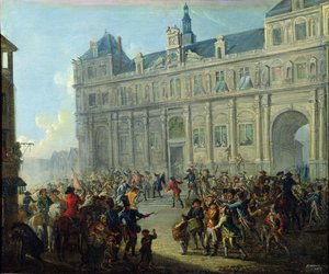 Jacques de Flesselles meggyilkolása a városháza lépcsőjén 1789. július 14. alkotó: Jean Baptiste Lallemand