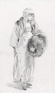 Orosz nő szőrmuff le Prince, Jean-Baptiste (1734-1781), 1758 és 1761 között - Fekete kréta papíron, 22,9x13,8 - Magángyűjtemény