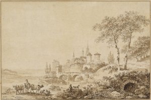 Pásztorok egy tájon egy erődített város előtt alkotó: Jean Baptiste Le Prince