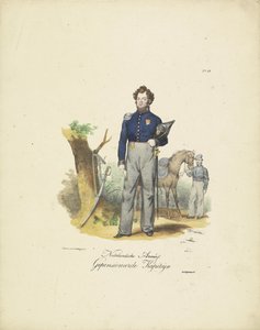 nyugalmazott százados, 1820-1825 Nederlandsche Armée, nyugdíjas Kapiteyn (cím a tárgyon) A Holland Királyság katonai jelmezei. Őexcellenciájának, Willem van Bylandtnak szentelve (a sorozat címe a tárgyon)