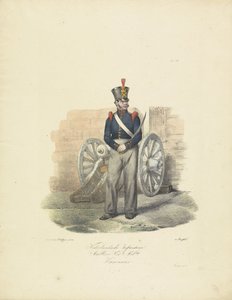 Tüzér, 1820-1825 Nederlandsche Infanterie Artillerie Nat.le Mil.tie Kanonnier (cím a tárgyon) A Holland Királyság katonai jelmezei. Őexcellenciájának, Willem van Bylandtnak szentelve (a sorozat címe a tárgyon)