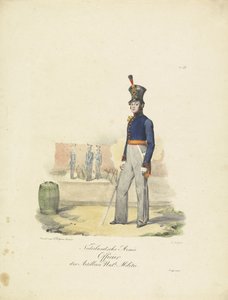 Tüzérségi tiszt, 1820-1825 Nederlandsche Armée Officier der Artillerie Nat.le Militie (cím a tárgyon) A Holland Királyság katonai jelmezei. Őexcellenciájának, Willem van Bylandtnak szentelve (a sorozat címe a tárgyon)