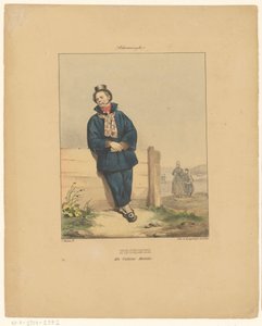 Pipázó halász Scheveningenben Scheveninghe (cím az objektumon) Balszerencse en costume habillé (cím a tárgyon) Hollandia és Belgium lakosainak jelmezei (sorozat címe) Costumes du peuple de toutes les provinces des Pays-Bas (sorozat címe) kosztüm
