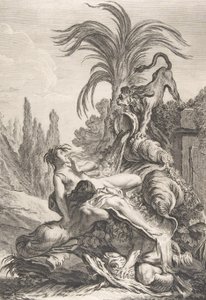 A megrémült Naiad Egy kócos Naiad ijedtében hátrál egy oroszlán láttán, kb. 1740., alkotó: Jean Baptiste Marie Pierre