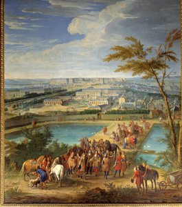 Kilátás a városra és a versailles-i várra a montbauroni dombról, XIV. Lajos (1638-1715) és Francois Michel le Tellier, de Louvois márki meglátogatja az új víztározókat Jean-Baptiste Martin (az idősebb) festménye (1659-1735) ) 17. századi V. 2, alkotó: Jean Baptiste Martin