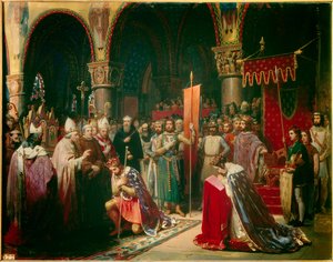 VII. Lajos király (1120-1180) átveszi a Szent Dénes-bazilika (Szent Denis) oriflame-jét Aquitánia Alienor királynéja jelenlétében, és átveszi III. távozása előtt