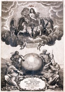 XIV. Lajos portréja, földgömb felett repül, címlap (metszet alkotó: Jean Baptiste Nolin