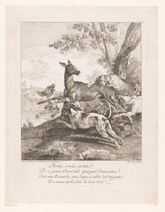 Vadászkutyák által lesben álló szarvasok Arrêtés, cruels, arétéz (...) (cím a tárgyon) Vadászjelenetek (sorozat címe) alkotó: Jean Baptiste Oudry