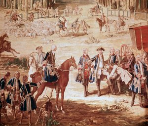 XV. Lajos vadászata XV. Lajos király vadászat a compiegne-i erdőben (XV. Lajos vadászata – Gobelin) a csomag kezdete Részlet – Jean Baptiste Oudry (1686-1755) kárpitja alkotó: Jean Baptiste Oudry