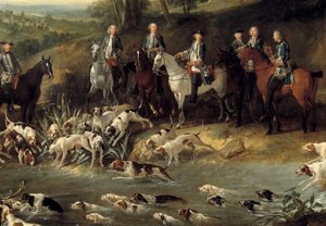 XV. Lajos király szarvasra vadászik a Saint Germain-i erdőben 1730-ban Részlet. Jean Baptiste Oudry (1686-1755) festménye 1730 Toulouse, Musee des Augustins alkotó: Jean Baptiste Oudry