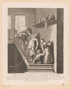 Ragotin twee hölgyekkel találkozott a csapdában Ragotin udvariasságának rossz sikere (cím a tárgyon) Jelenetek Roman Comique van Scarrontól (sorozat címe) alkotó: Jean Baptiste Oudry
