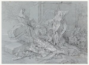 Csendélet hallal és papagájjal alkotó: Jean-Baptiste Oudry