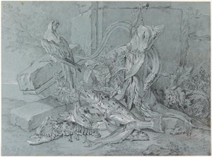 Stillleben mit Fisch und Papagei von Jean-Baptiste Oudry