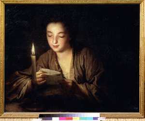 Lány egy gyertyával. Jean Baptiste Santerre (1658-1717) festménye. Olaj, vászon, 64 x 79 cm, 1700 körül. 18. századi francia művészet. Puskin Szépművészeti Múzeum, Moszkva.