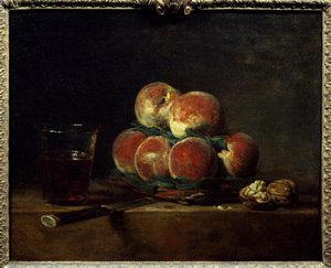 Peches kosár dióval, késsel és pohár borral Jean Baptiste Simeon Chardin (1699-1779) festménye 1768 Dim. 0,32x0,39 m Párizs, Musee du Louvre alkotó: Jean-Baptiste Simeon Chardin