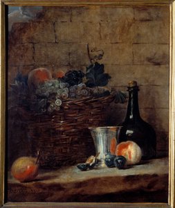 Fehér és fekete szőlőkosár, ezüst pohár és palack Jean Baptiste Simeon Chardin (1699-1779) festménye 18. század V. 0,69x0,58 m alkotó: Jean Baptiste Simeon Chardin