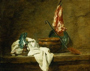 Cékla, fűszeres doboz, mosogatórongy, edény, mázas cserépedény, szkimmer, horgonyús hússal, párkányon, 1734 alkotó: Jean Baptiste Simeon Chardin