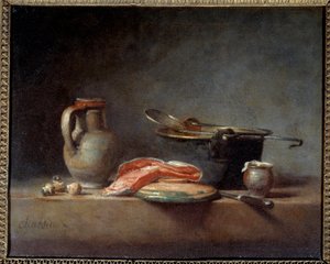 Réz edény, szkimmer, kancsó és szelet lazac. Csendélet. Jean Baptiste Simeon Chardin (1699-1779) alkotó: Jean-Baptiste Simeon Chardin