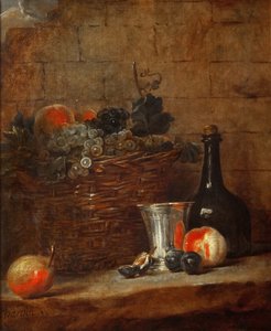 Gyümölcskosár szőlővel, ezüst serleggel és üveggel, őszibarackkal, szilvával és körtével alkotó: Jean-Baptiste Simeon Chardin