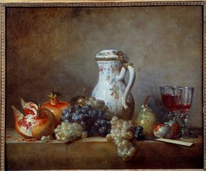 Jean Baptiste Simeon Chardin (1699-1779) festménye szőlőről és gránátokról 1763 V. 0,47x0,57 m - Szőlő és gránátalma. Jean Baptiste Simeon Chardin (1699-1779) festménye alkotó: Jean-Baptiste Simeon Chardin