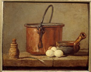 Konyhai eszközök, bogrács, poelon és tojás Jean baptiste Simeon Chardin (1699-1779) festménye 18. század V. 0,21 x 0,17 m alkotó: Jean Baptiste Simeon Chardin